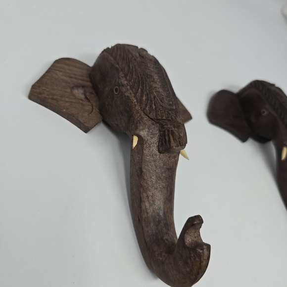 VTG Hand Carved Wood Elephant Head Wall Hanging /Hooks 6"x5" Set of 2 - Picture 5 of 9